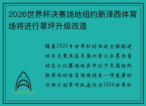 2026世界杯决赛场地纽约新泽西体育场将进行草坪升级改造