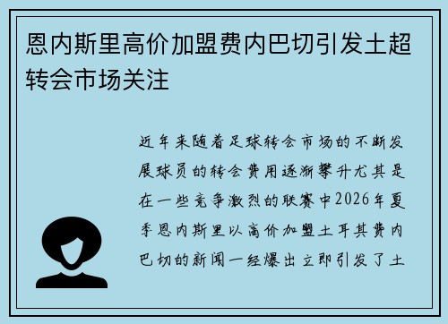 恩内斯里高价加盟费内巴切引发土超转会市场关注 恩内斯里高价加盟费内巴切引发土超转会市场关注
